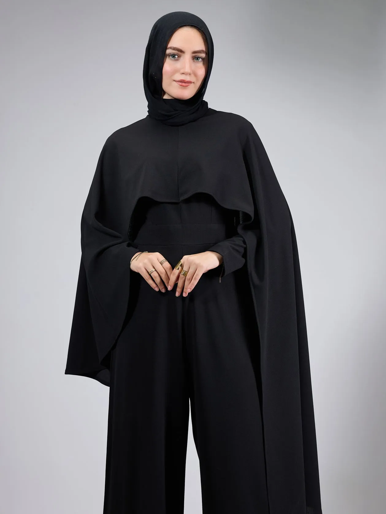 Rastan Timeless Elegance Crepe Modesty Dress with Cape Detail