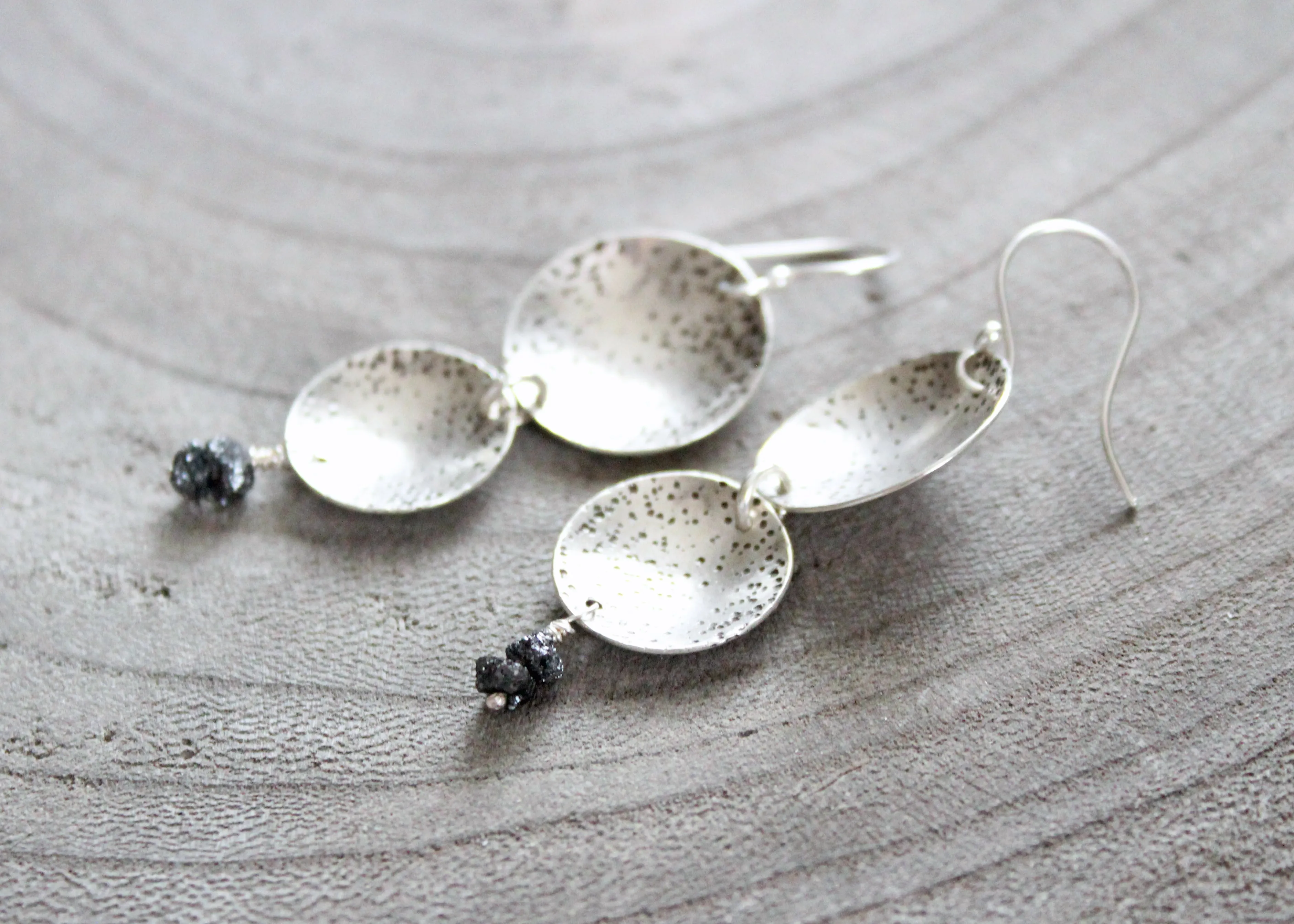 Raw Black Diamond Silver Circle Dangle  Earrings