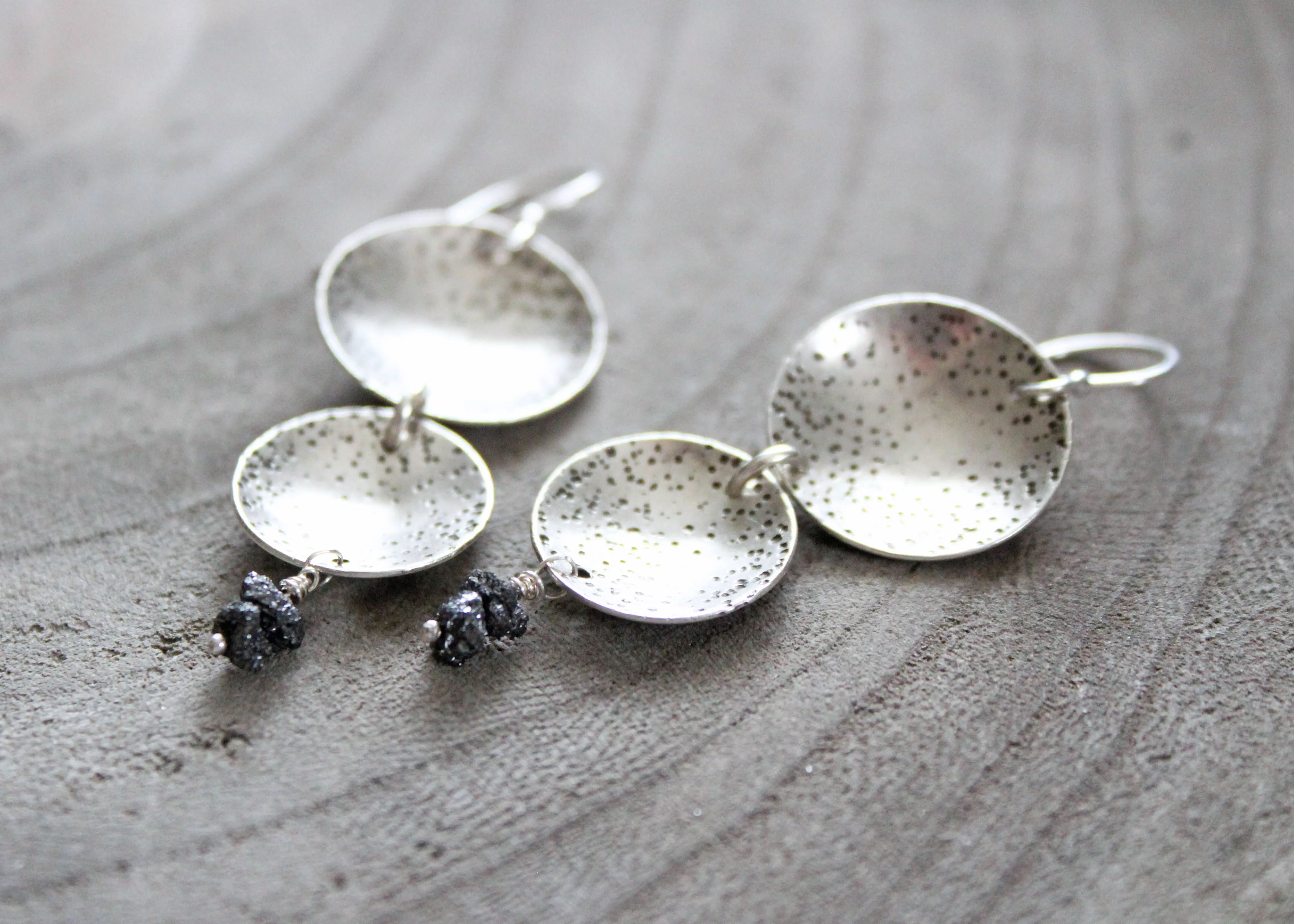 Raw Black Diamond Silver Circle Dangle  Earrings