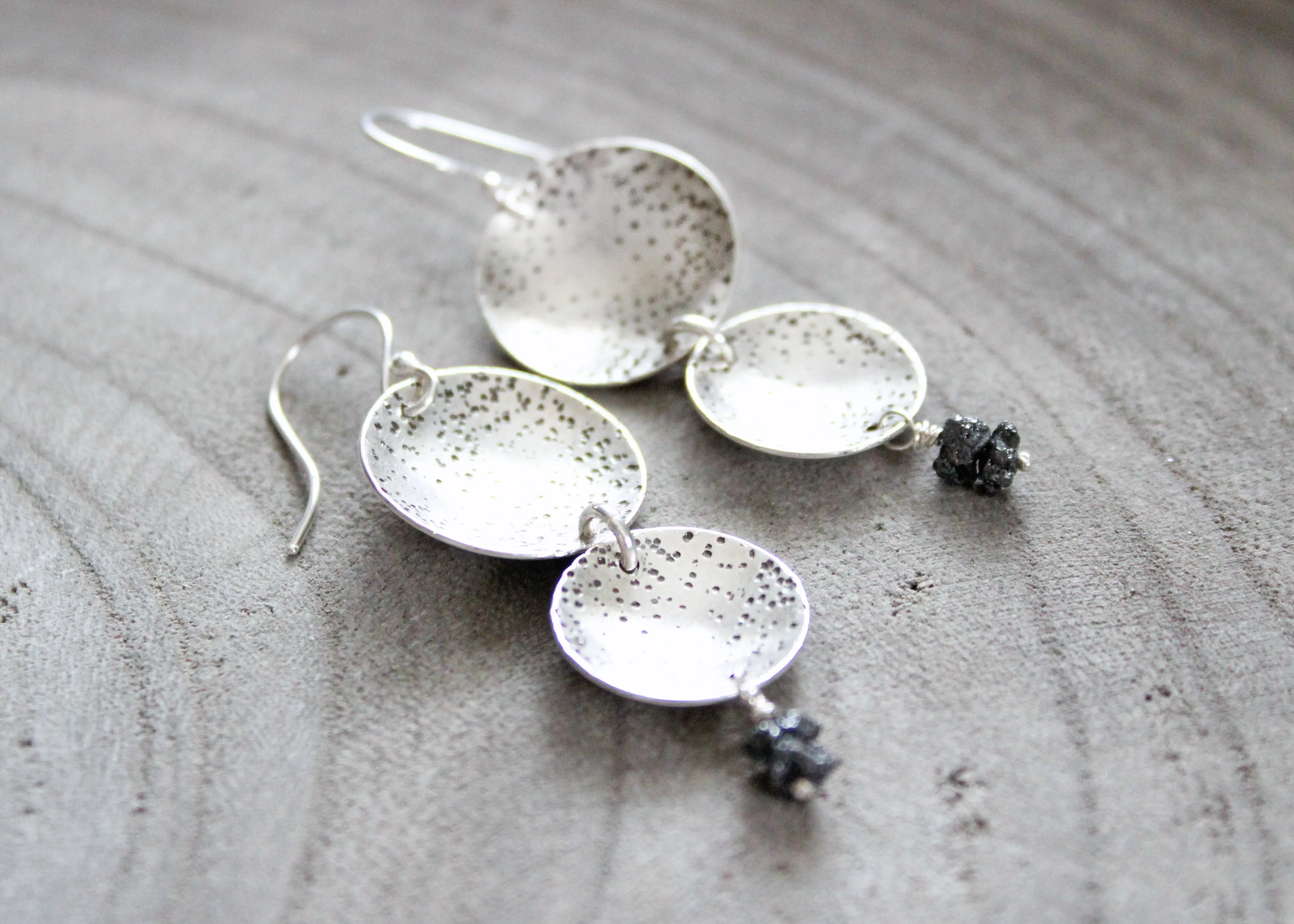 Raw Black Diamond Silver Circle Dangle  Earrings