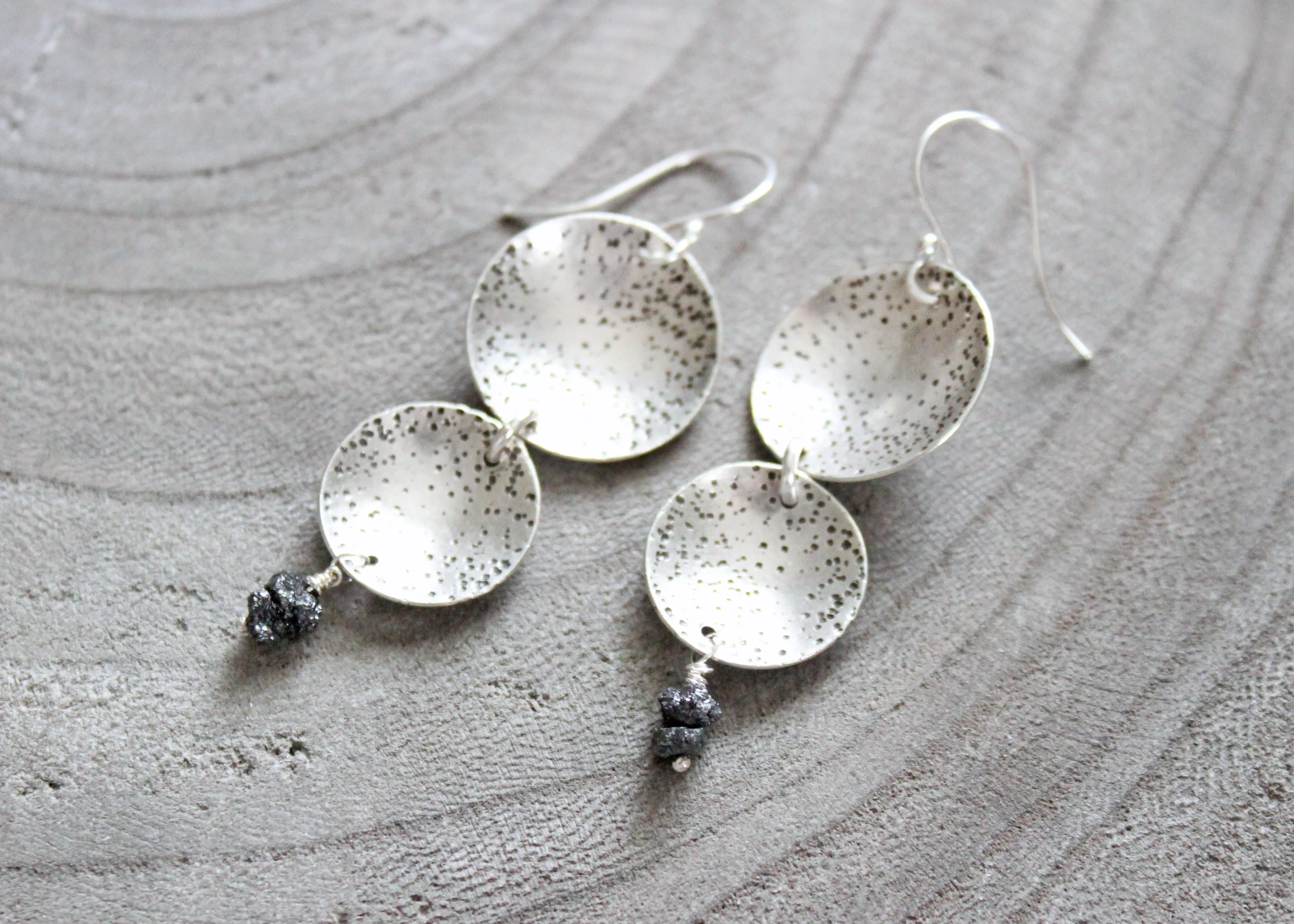 Raw Black Diamond Silver Circle Dangle  Earrings