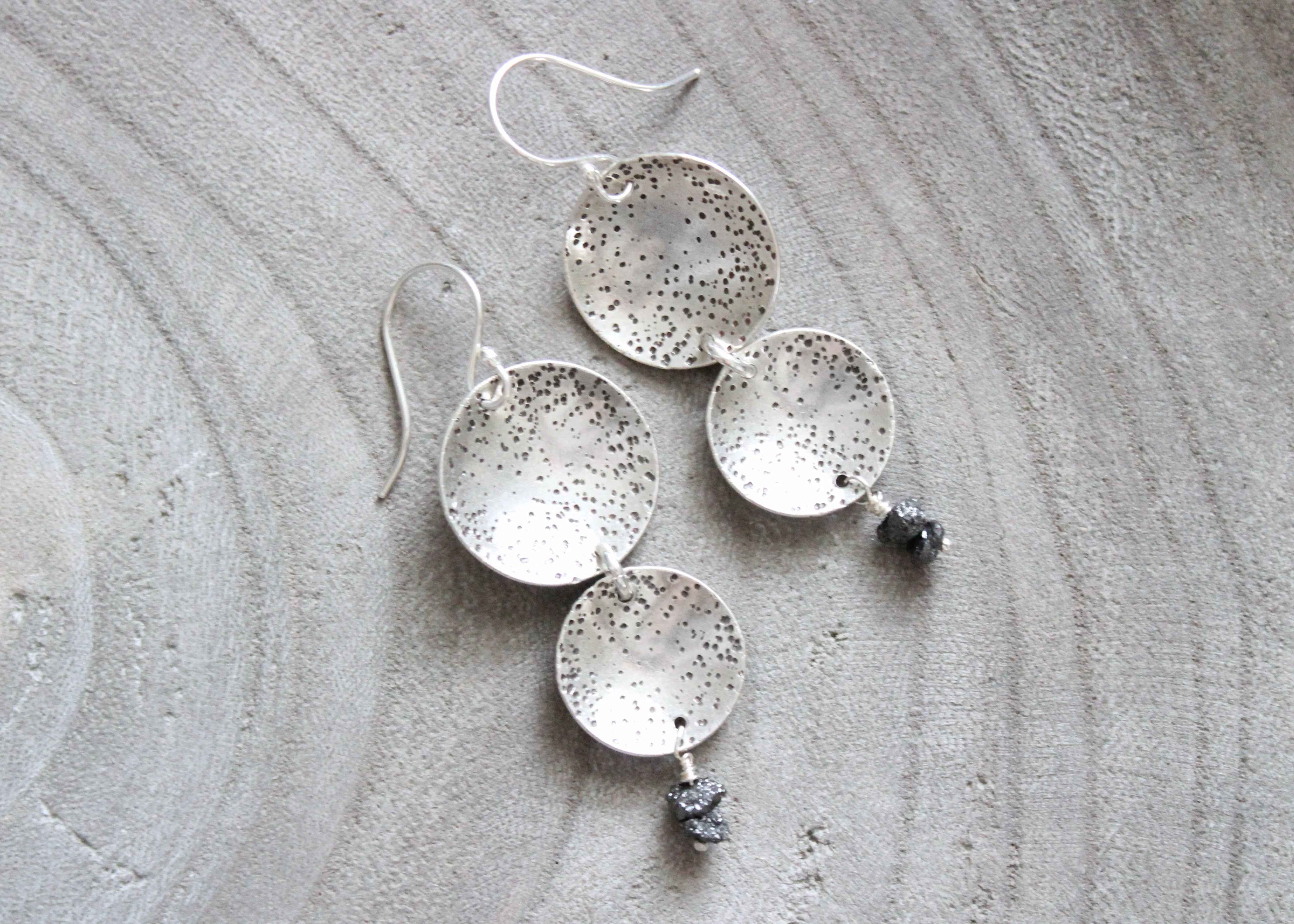 Raw Black Diamond Silver Circle Dangle  Earrings