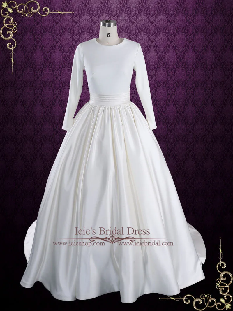 Ready to Wear Modest White Plain Ball Gown Wedding Dress with Long Sleeves | Katrine