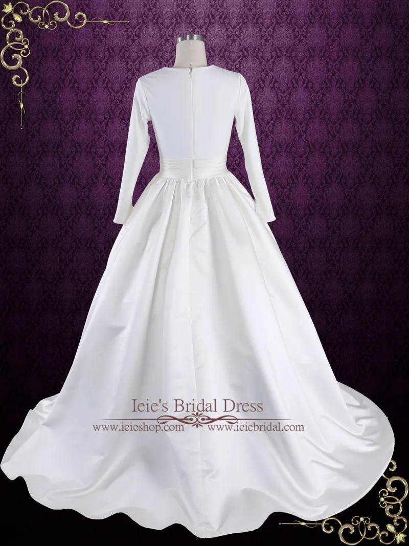 Ready to Wear Modest White Plain Ball Gown Wedding Dress with Long Sleeves | Katrine