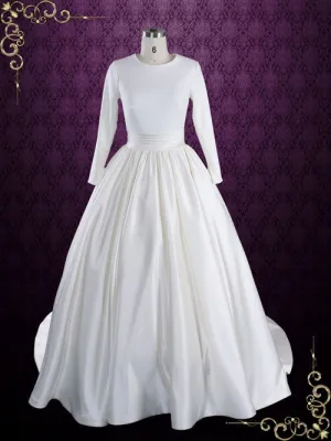 Ready to Wear Modest White Plain Ball Gown Wedding Dress with Long Sleeves | Katrine