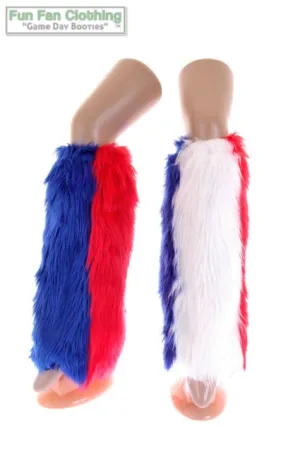 Red, Royal Blue & White Faux Fur Leg Warmers Tricolor - Game Day Booties - Red & Blue Leg Warmers