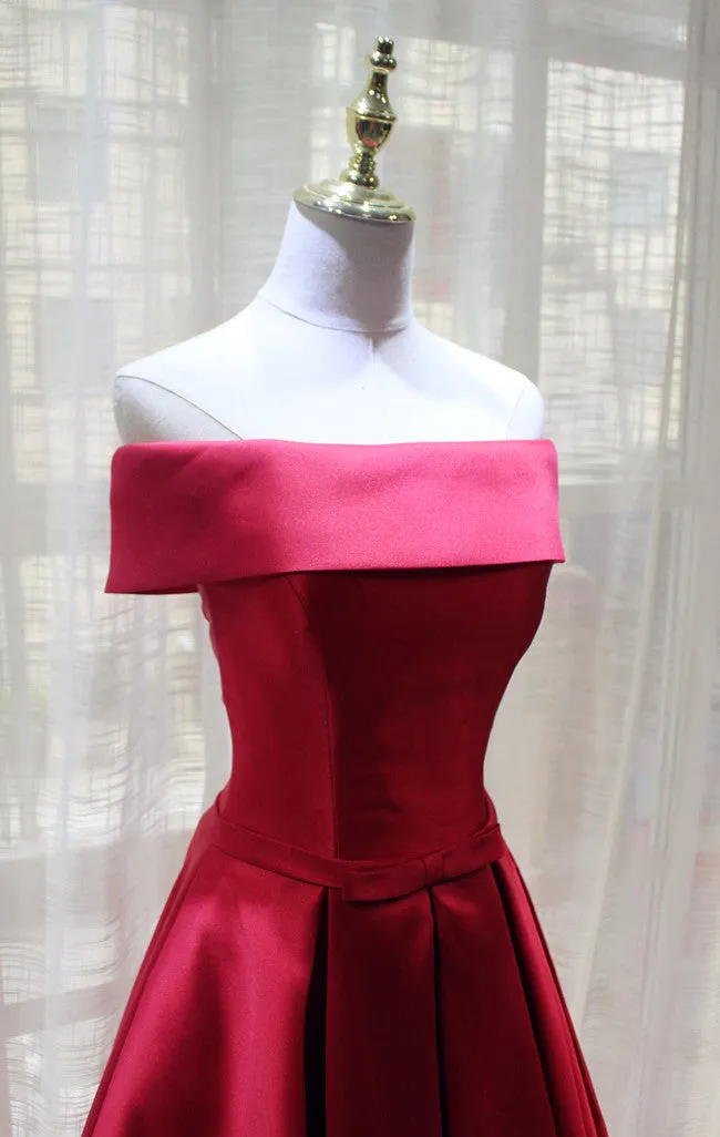 Red Satin Off Shoulder Handmade Long Formal Dress, Red Party Dress