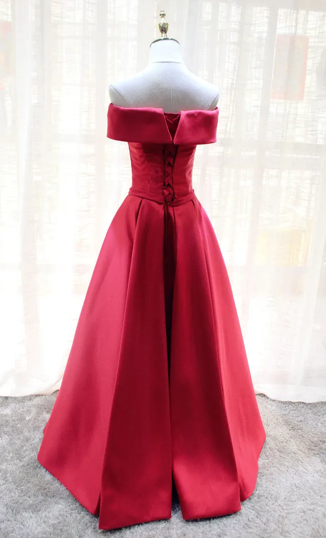 Red Satin Off Shoulder Handmade Long Formal Dress, Red Party Dress