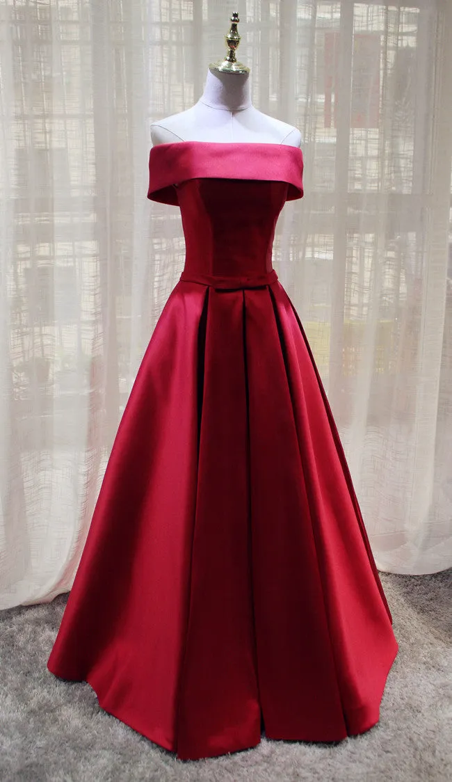 Red Satin Off Shoulder Handmade Long Formal Dress, Red Party Dress