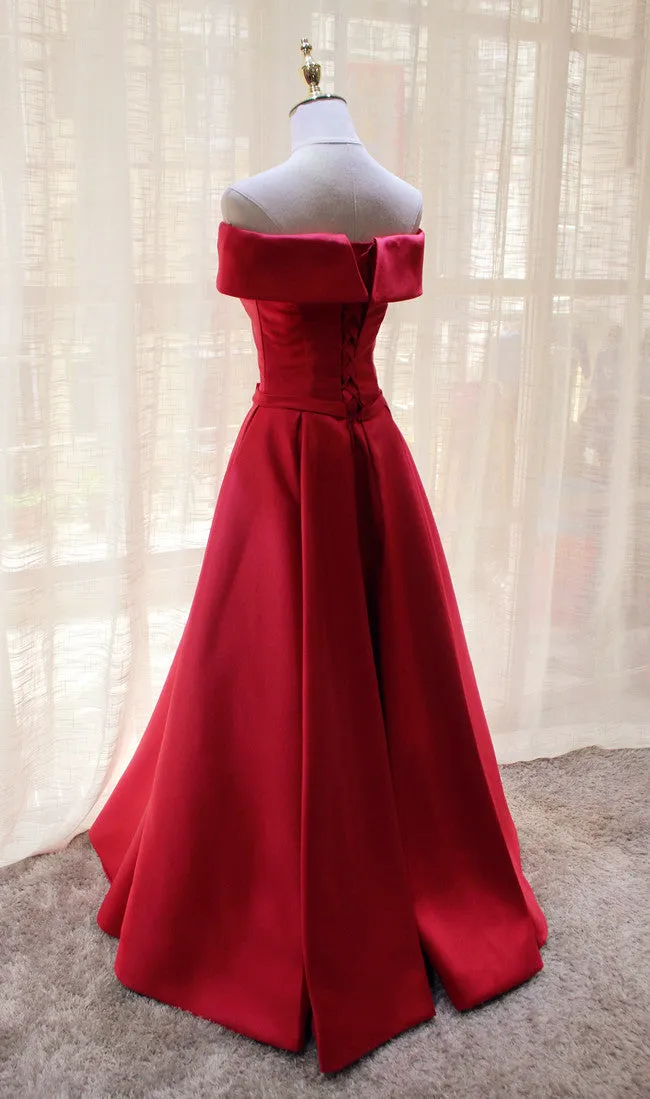 Red Satin Off Shoulder Handmade Long Formal Dress, Red Party Dress