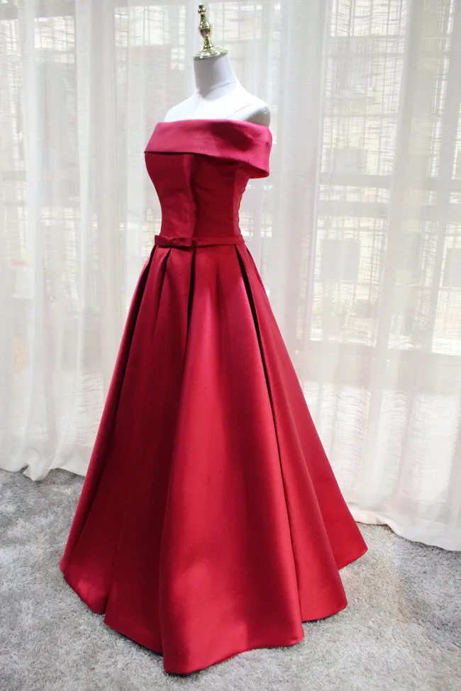 Red Satin Off Shoulder Handmade Long Formal Dress, Red Party Dress