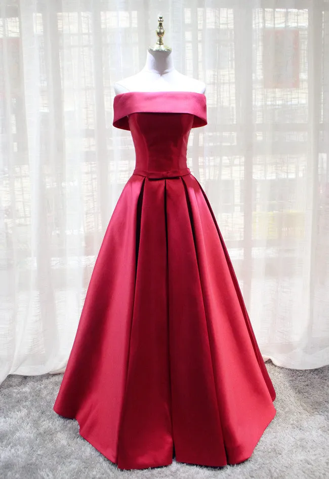 Red Satin Off Shoulder Handmade Long Formal Dress, Red Party Dress