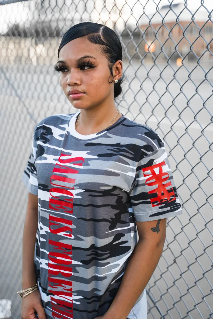 Red Sauce Is Forever (Vertical Big) | White Camo Tee (LOVE Sleeve)