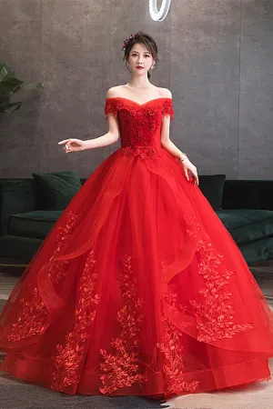 Red Tulle Ball Gown With Lace Sweetheart Long Formal Dress, Red Tulle Evening Dress APP0976