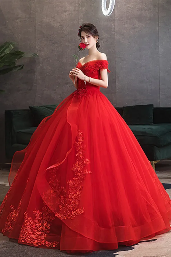 Red Tulle Ball Gown With Lace Sweetheart Long Formal Dress, Red Tulle Evening Dress APP0976