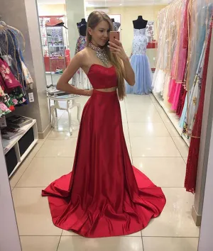 Red two pieces sequin long prom dress, red evening dress