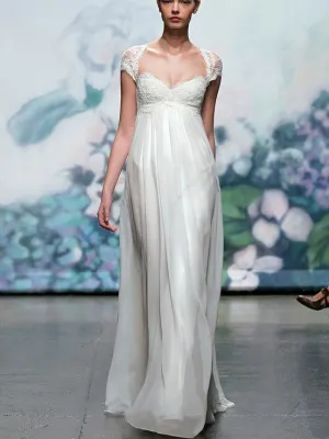 Regency Style Cap Sleeves Lace Wedding Dress with High Empire Waist