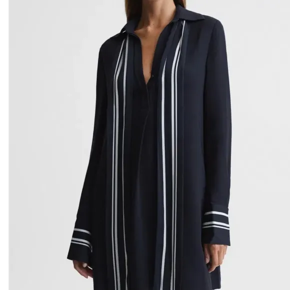 Reiss Feya Stripe Detail Mini Dress US Size 10 Navy Blue MISSING TIE BELT