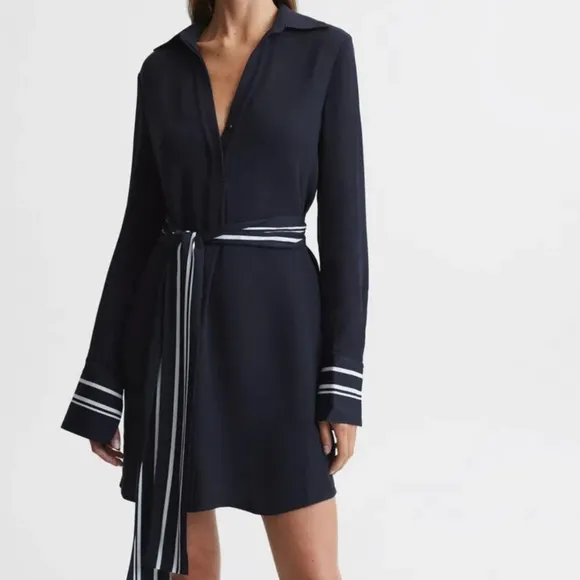 Reiss Feya Stripe Detail Mini Dress US Size 10 Navy Blue MISSING TIE BELT