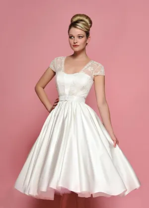 Retro 50s 60s Tea length Cap Sleeves Lace Wedding Dress