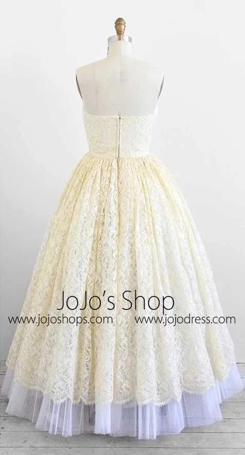 Retro Ivory Strapless Lace Floor Length Wedding Dress