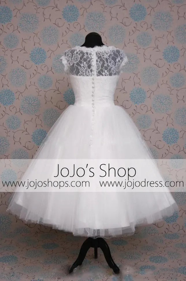 Retro Tea Length Modest Lace Wedding Dress
