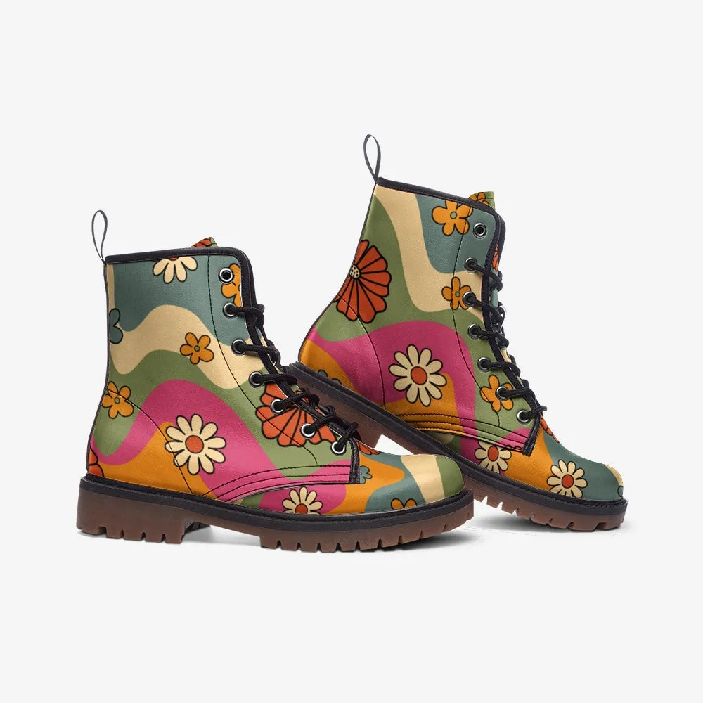 Retro Trippy Rainbow Yellow Vegan Leather Unisex Boots