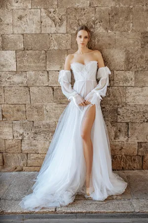 Rome Plisse Off Shoulder High Slit Tulle Bridal Dress