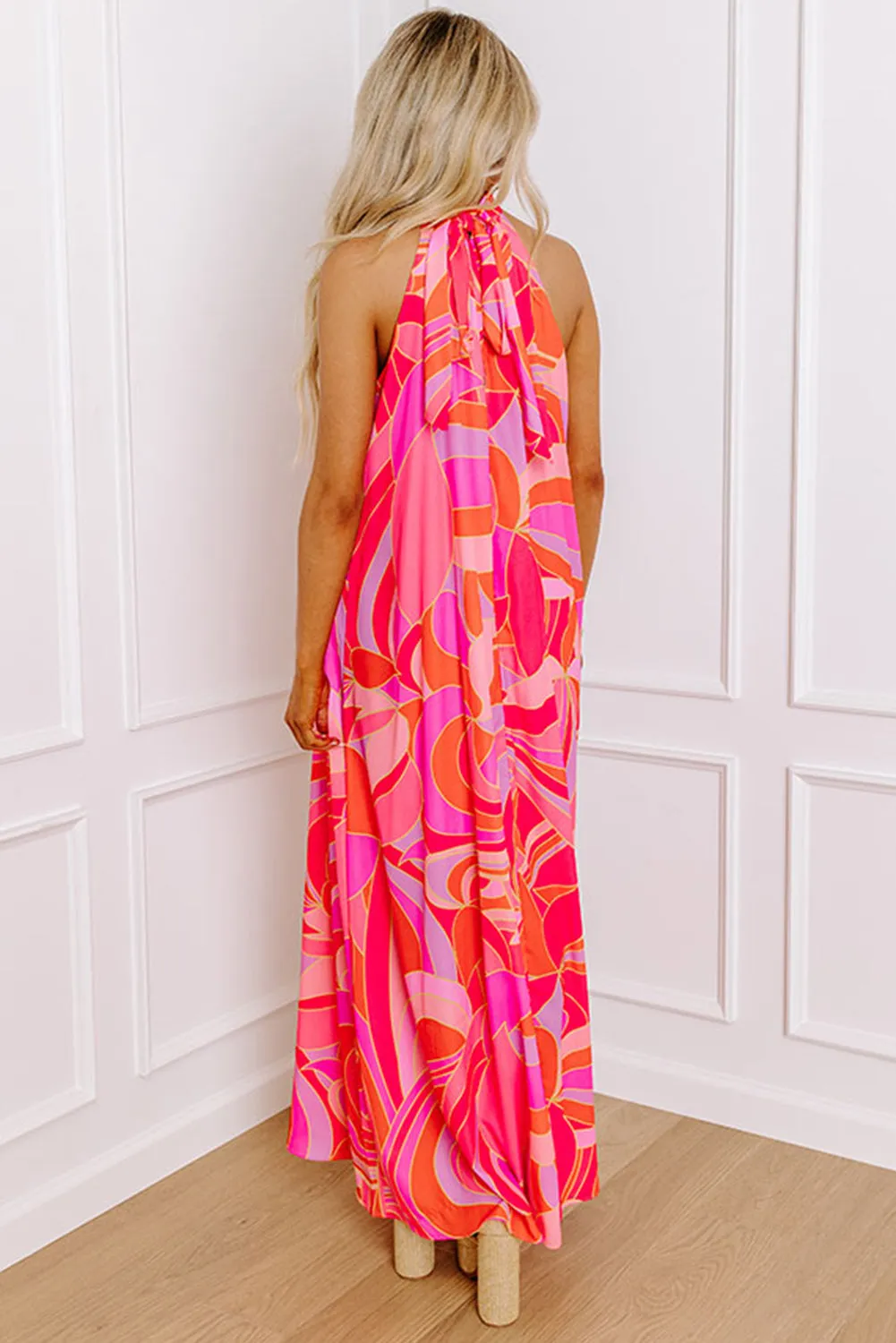 Rose Abstract Printed High Neck Knotted Nape Sleeveless Maxi Dress