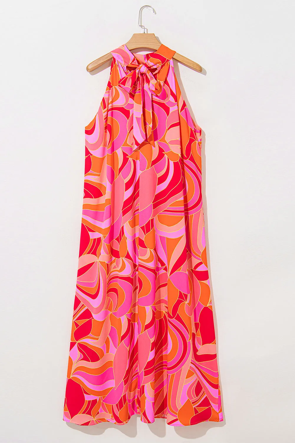 Rose Abstract Printed High Neck Knotted Nape Sleeveless Maxi Dress