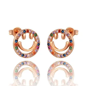 Rose Gold Plated Rainbow Studded Cubic Zirconia Emoji Stud Earrings