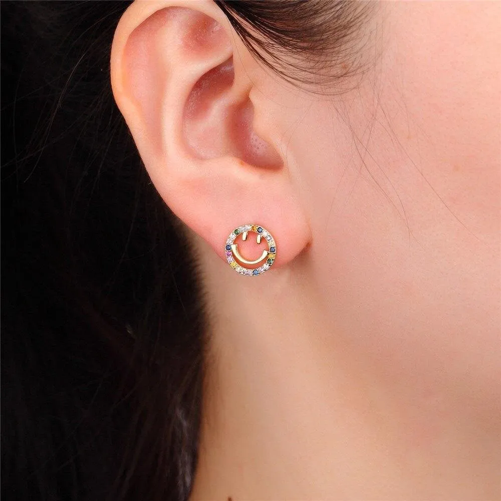 Rose Gold Plated Rainbow Studded Cubic Zirconia Emoji Stud Earrings