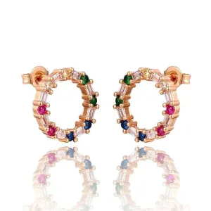 Rose Gold Plated Rainbow Studded Cubic Zirconia Open Circle Stud Earrings