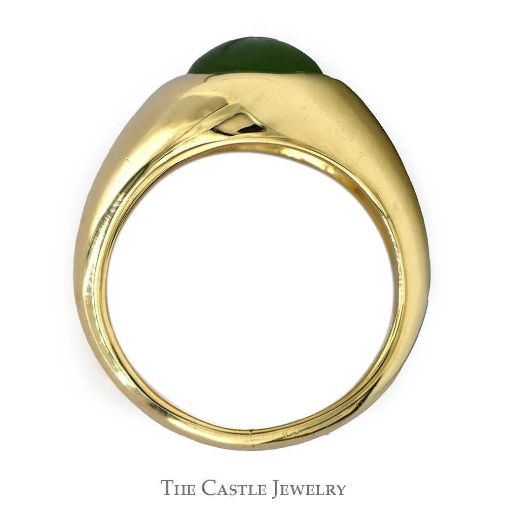 Round Green Jade Dome Men's Ring with Polished Sides in 14k Yellow Gold