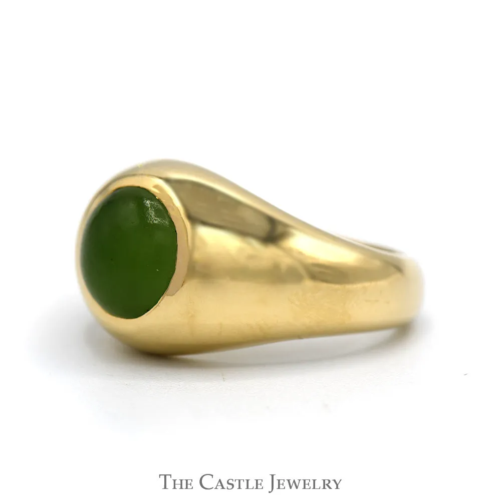 Round Green Jade Dome Men's Ring with Polished Sides in 14k Yellow Gold