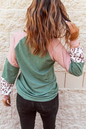 Round Neck Leopard Color Block Long Sleeve Top
