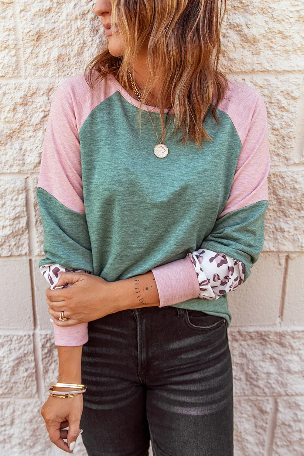Round Neck Leopard Color Block Long Sleeve Top