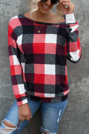 Round Neck Plaid Long Sleeve Pullover Top