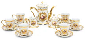 Royalty Porcelain Vintage Tea Set - 17 Piece Tea Party Set - Luxurious Ceramic with Sugar Pot, Cups, Saucers, Teapot, Creamer - For Kitchen Set or Formal Occasions (White and Gold, Round)