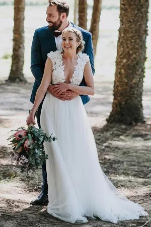Roycebridal A-Line Jewel Sweep Train White Tulle Wedding Dress With Appliques,MW428