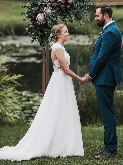Roycebridal A-Line Jewel Sweep Train White Tulle Wedding Dress With Appliques,MW428