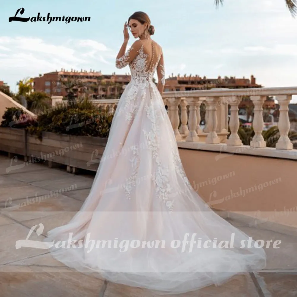 Roycebridal Blush Pink Wedding Dress 2022 Floral Appliques Three Quarter Scoop Neck Backless A-Line Court TrainTulle Bridal Gowns Vestido