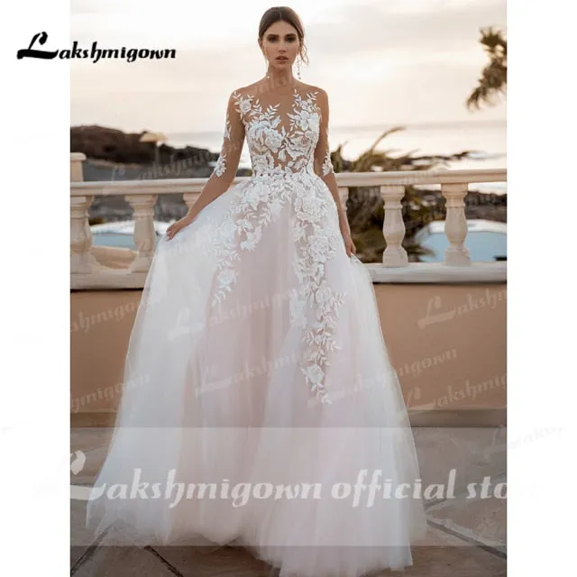 Roycebridal Blush Pink Wedding Dress 2022 Floral Appliques Three Quarter Scoop Neck Backless A-Line Court TrainTulle Bridal Gowns Vestido