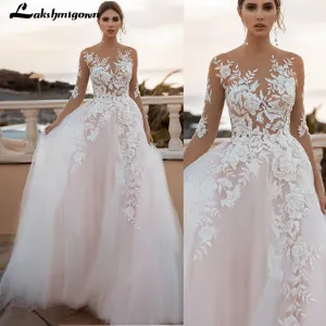 Roycebridal Blush Pink Wedding Dress 2022 Floral Appliques Three Quarter Scoop Neck Backless A-Line Court TrainTulle Bridal Gowns Vestido