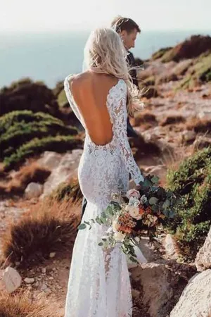 Roycebridal Charming Long Sleeve See Through Lace Rustic Mermaid Wedding Dress,MW266