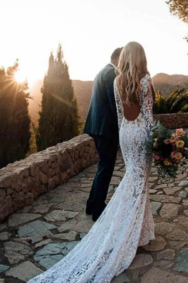 Roycebridal Charming Long Sleeve See Through Lace Rustic Mermaid Wedding Dress,MW266
