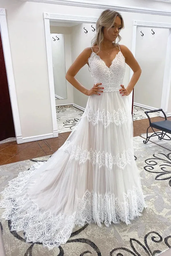 Roycebridal Cheap A-line Spaghetti Straps Lace Bridal Gonws Rustic Wedding Dress,MW501