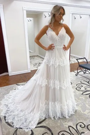 Roycebridal Cheap A-line Spaghetti Straps Lace Bridal Gonws Rustic Wedding Dress,MW501