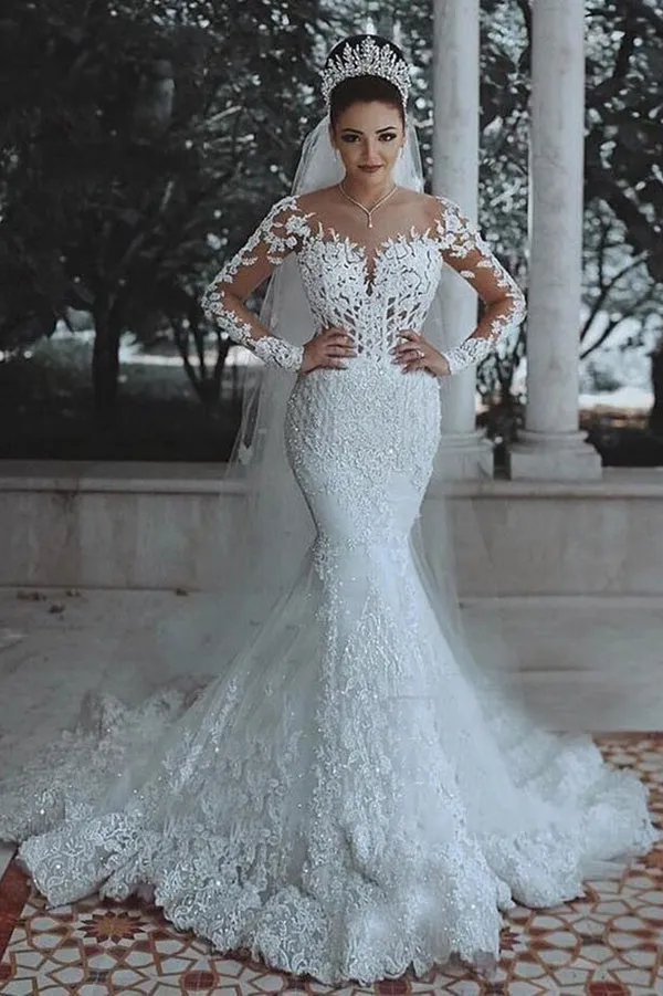 Roycebridal Cheap Long Sleeve Lace Wedding Dress Mermaid Bridal Gowns,MW291