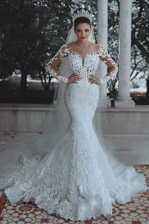 Roycebridal Cheap Long Sleeve Lace Wedding Dress Mermaid Bridal Gowns,MW291